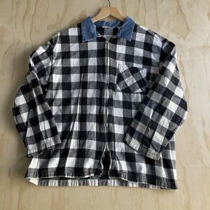 Vintage Center Aisle Shirt Jacket Mens Large Black White Plaid Flannel Zip Front